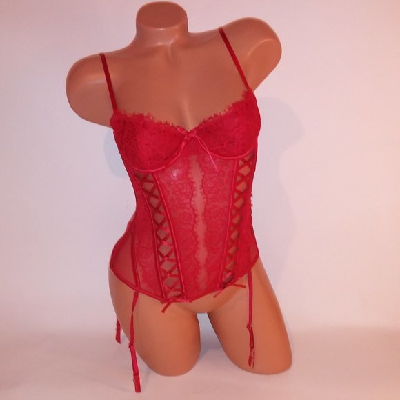 Victoria Secret‎ Lingerie Bustier Corset Garter Straps Red Lace Sheer Boned Hook